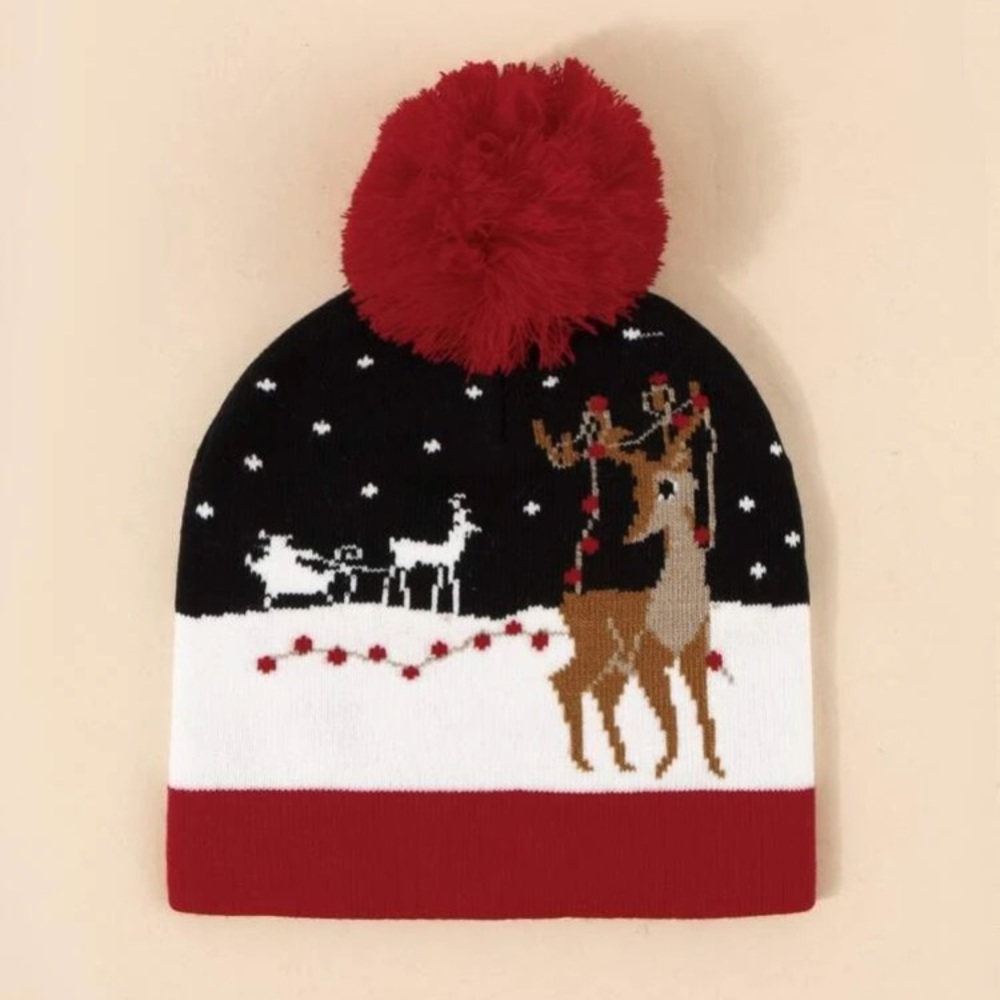 Christmas Reindeer Pom Pom Beanie